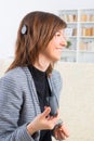 Woman showing cochlear implant