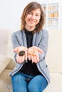 Woman showing cochlear implant