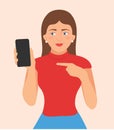 Woman showing display of mobile phone with her the index finger, Vector illustration Royalty Free Stock Photo