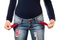 Woman showing empty pocket. Royalty Free Stock Photo