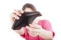 Woman showing empty wallet with no money. Royalty Free Stock Photo