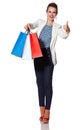 Woman showing French flag colours shopping bags and thumbs up Royalty Free Stock Photo