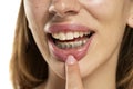 Woman showing her dentures on lower teeth Royalty Free Stock Photo