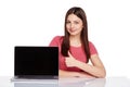 Woman showing laptop screen Royalty Free Stock Photo