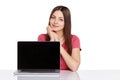 Woman showing laptop screen Royalty Free Stock Photo