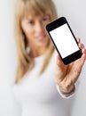 Woman showing mobile phone with empty display Royalty Free Stock Photo