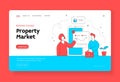 Woman showing mortgage benefits to man. Real estate banner template. Flat line vector illustration