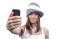 Woman Showing new touch mobile cell phone Royalty Free Stock Photo