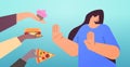 woman showing no stop gesture to junk food unhealthy nutrition junkfood addiction stop fast food concept
