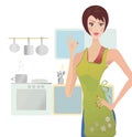 Woman Showing Ok Sign. Girl Cooking in Her Kitchen