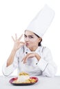 Woman showing perfect gesture with delicious food