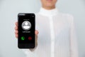 Woman showing phone with incoming call from unknown caller on white background, closeup. Be careful - fraud Royalty Free Stock Photo