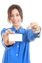Woman showing and pointing at blank business card sign Royalty Free Stock Photo
