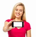 Woman Showing Smart Phone Over White Background Royalty Free Stock Photo