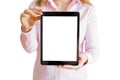 Woman showing tablet vertically with empty screen. Royalty Free Stock Photo