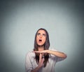 Woman showing time out hand gesture, frustrated screaming to stop Royalty Free Stock Photo