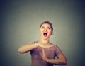 Woman showing time out hand gesture, frustrated screaming to stop Royalty Free Stock Photo