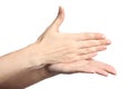 Woman showing word stop on white background, closeup.