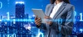 Multiple exposure of female programmer with tablet, digital binary code and night city. Royalty Free Stock Photo