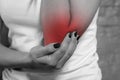 Woman shows that her elbow hurts Royalty Free Stock Photo