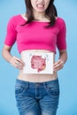 Woman with sick intestine concept