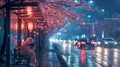 a woman on the sidewalk is reading a book at the bus stop Royalty Free Stock Photo