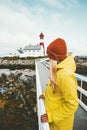 Woman sightseeing Norway lighthouse Travel Lifestyle