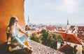 Woman sightseeing Tallinn city landmarks vacations