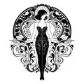 Woman Silhouette By Archway And Vintage Flowers In Art Nouveau Style. Vector Black And White Beautiful Woman Silhouette On White