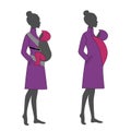 Woman silhouette with a babywearing cape jacket sling. Babywearing mother winter concept