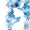 Woman silhouette face. Digital art women illustration. Watercolor technique and blue. Woman silhouette plus an abstract Royalty Free Stock Photo