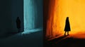Woman Silhouette Facing Dual Paths: Cool Blue and Warm Orange Light Royalty Free Stock Photo