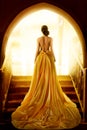 Woman Silhouette in Golden Luxury Gown. Elegant Lady in Yellow Long Silk Dress with naked Back Rear Side View looking at Light
