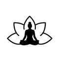 Woman silhouette inside a lotus flower. Yoga lotus position. Black color. Vector illustration, flat design Royalty Free Stock Photo