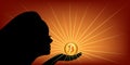 Woman silhouette with luminous bitcoin