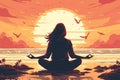 Woman in silhouette meditating in lotus position during sunset with birds flying in background
