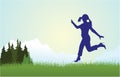 Woman silhouette running on meadow vector