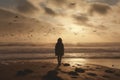 Woman silhouette standing on windswept beach. Generative AI Royalty Free Stock Photo