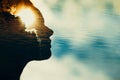 Woman silhouette with sun in head with copy space. Multiple exposure image. Royalty Free Stock Photo