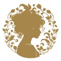Woman Silhouette Surrounded By Vintage Flowers In Art Nouveau Style. Face Side View. Vector Gold Beautiful Woman Silhouette On