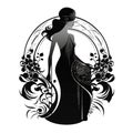 Woman Silhouette Surrounded By Vintage Flowers In Art Nouveau Style. Vector Black And White Beautiful Woman Silhouette On White