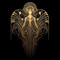 Woman silhouette surrounded by vintage flowers in art nouveau style. Vector Gold angel woman abstract silhouette on black