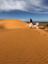 Woman in silk wedding dress with fantastic view of Sahara desert sand dunes Royalty Free Stock Photo