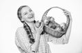 Woman sincere villager carry basket with natural fruits. Lady farmer gardener proud of her harvest. Woman gardener Royalty Free Stock Photo