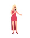 Woman singer. Vocalists musical performance, girl stands in red dress with microphone and sings song, karaoke or pop