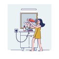 Woman singing in hair dryer. Happy cartoon girl in towel positive and cheerful after having bath Royalty Free Stock Photo