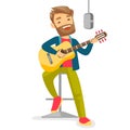 Woman singing in microphone and playing guitar. Royalty Free Stock Photo