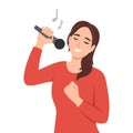 Woman sings in karaoke standing near friends covering ears due to unbearable voice or high volume. Girl suffering from stress