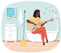 Woman sings song. Girl sitting on bathtub in bathroom with guitar. Guitarist making melody