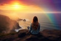 woman sit on a cliff with beautiful rainbow view AI generated